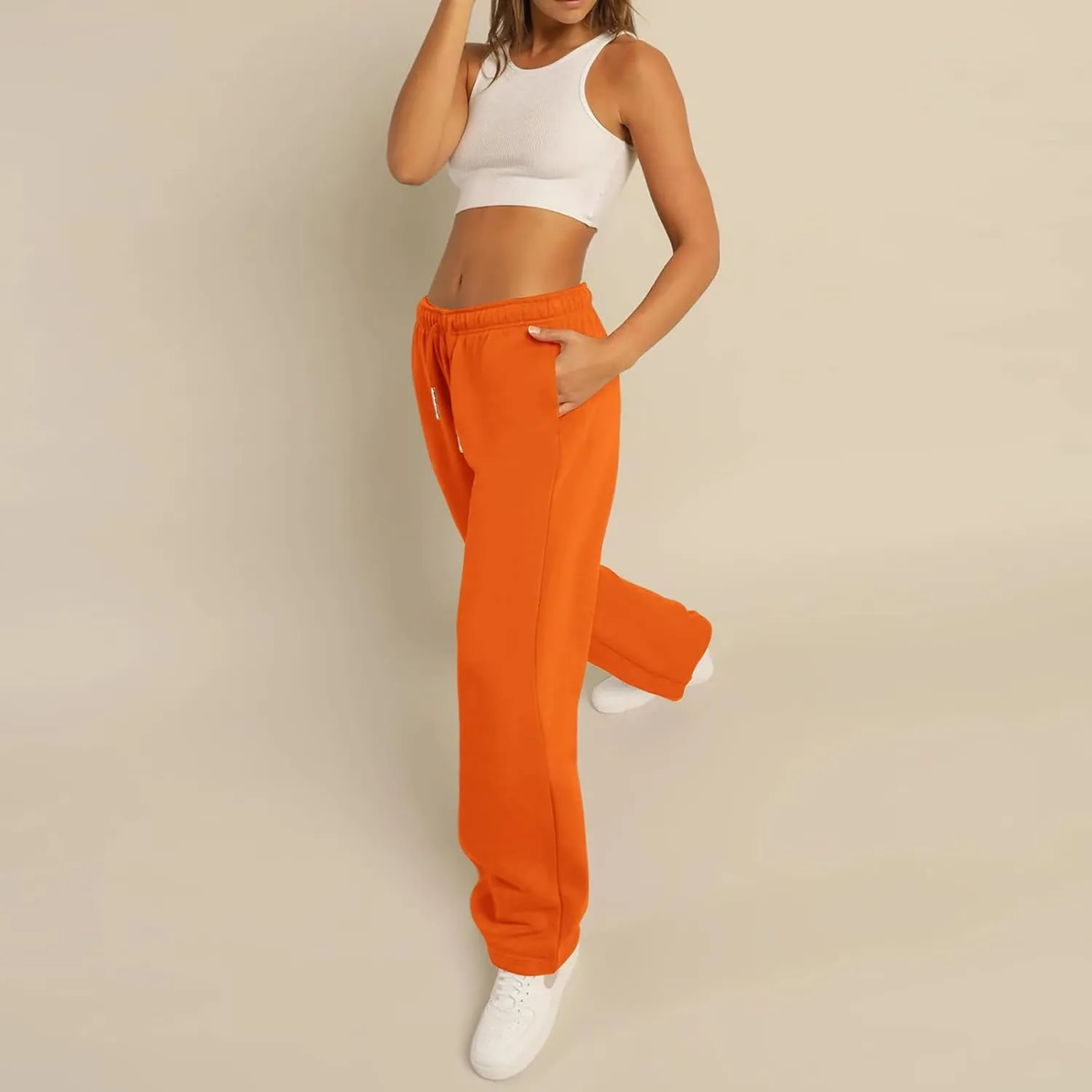 FOMOYUU Women's Casual Baggy Joggers Sweatpants Solid Color Drawstring High Waist Wide Leg Trousers