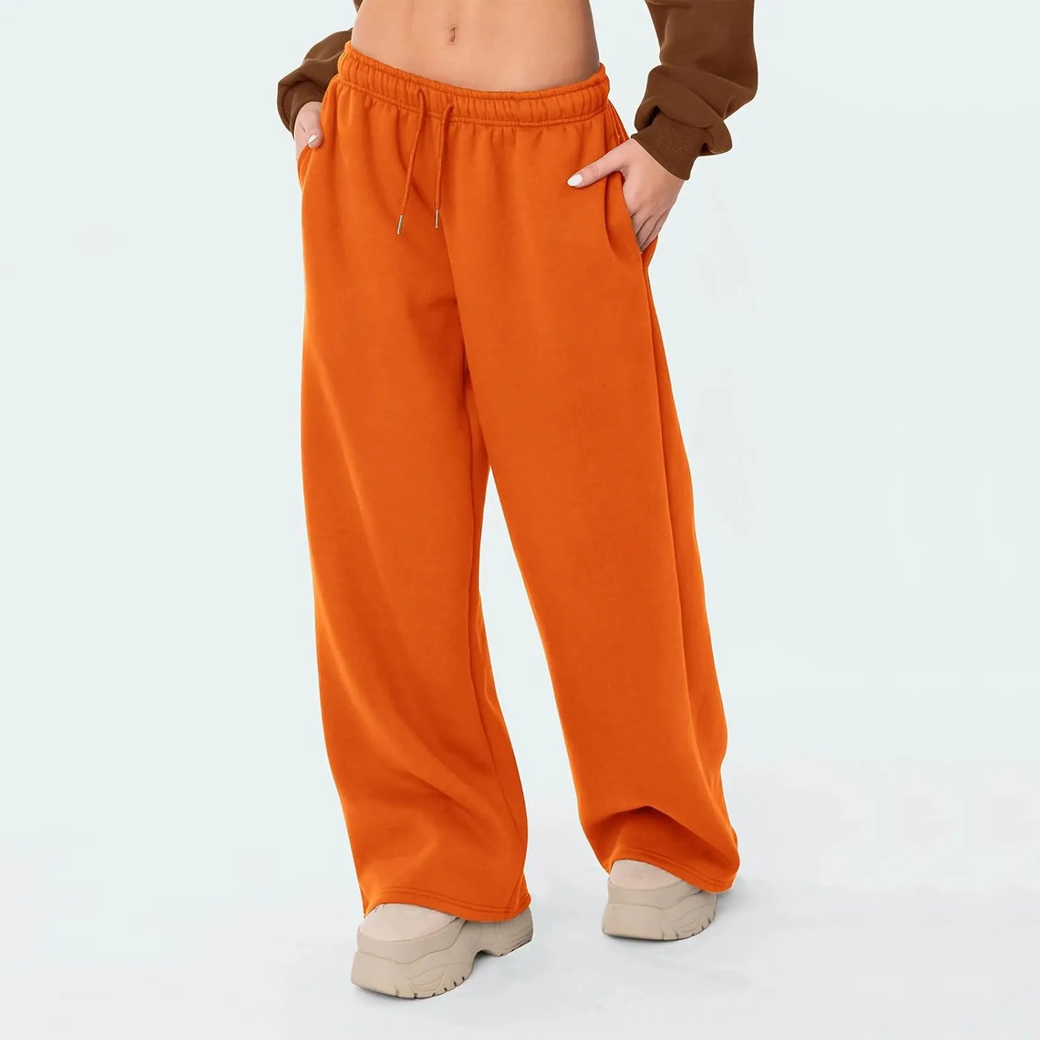 FOMOYUU Women's Casual Baggy Joggers Sweatpants Solid Color Drawstring High Waist Wide Leg Trousers