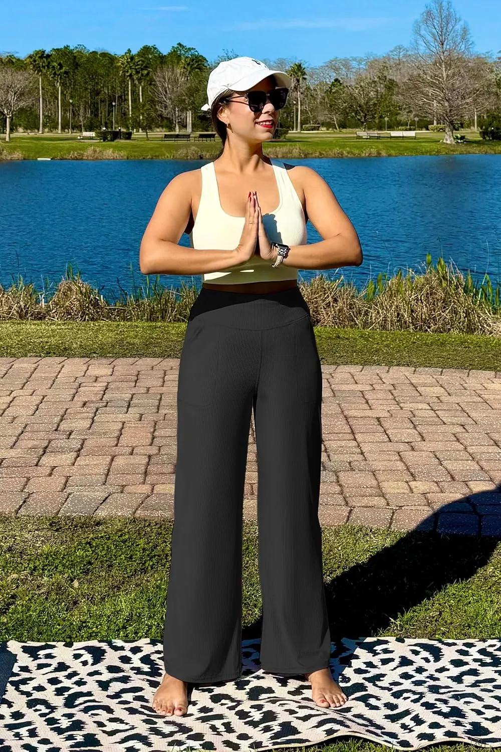 G4Free Women Casual Ribbed Wide Leg Pants with Pockets Lightweight High Waist Yoga Pants Petite/Regular/Tall