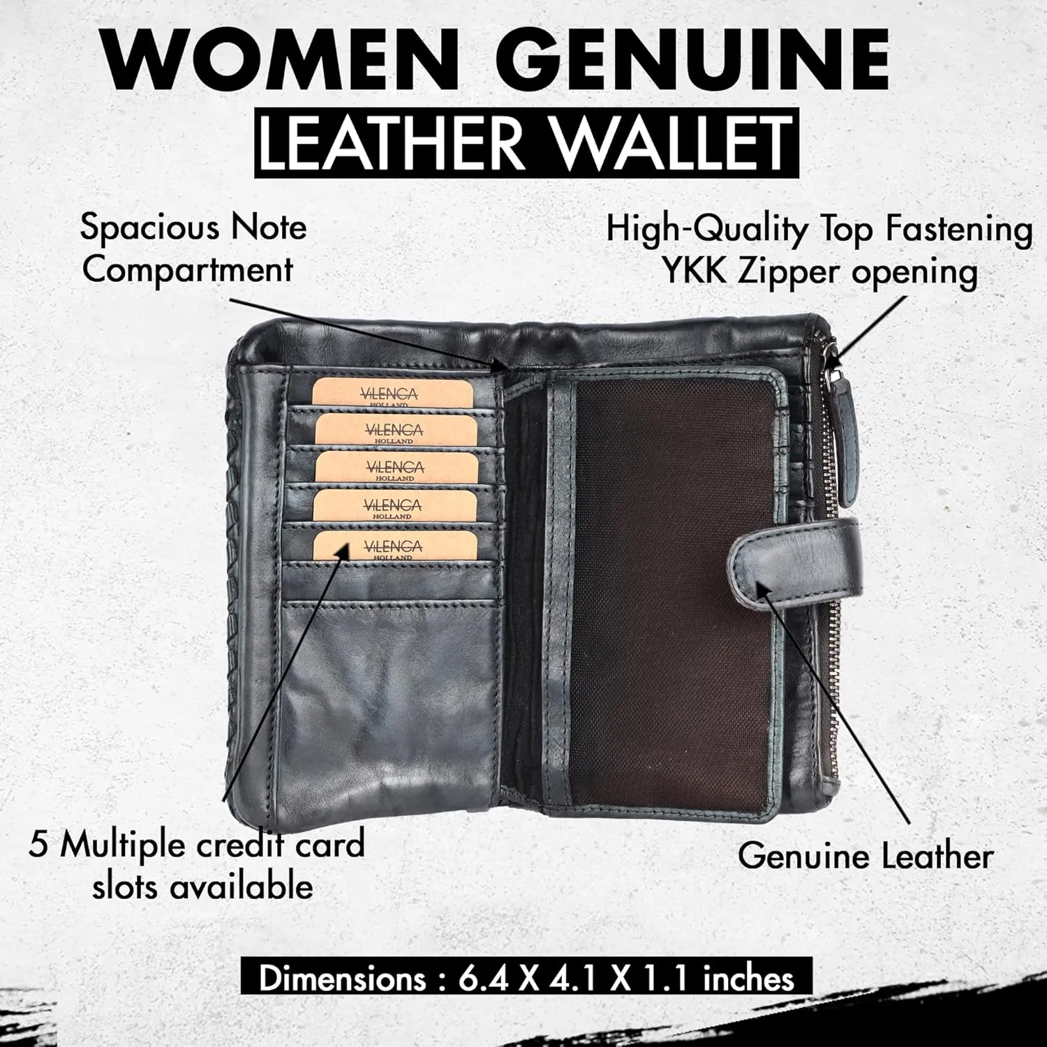 Genuine Leather Wallets for Women, Small Wallet for Ladies Zipper Coin Purse Credit Card Holder with Strap (VL-163-GREY)