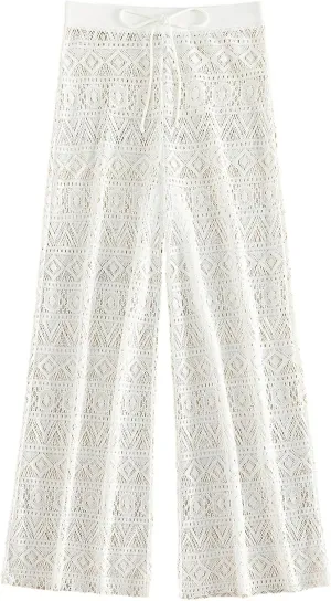 GORGLITTER Women's Crochet Hollow Out Beach Pants High Waist Swimsuit Cover Up Pants
