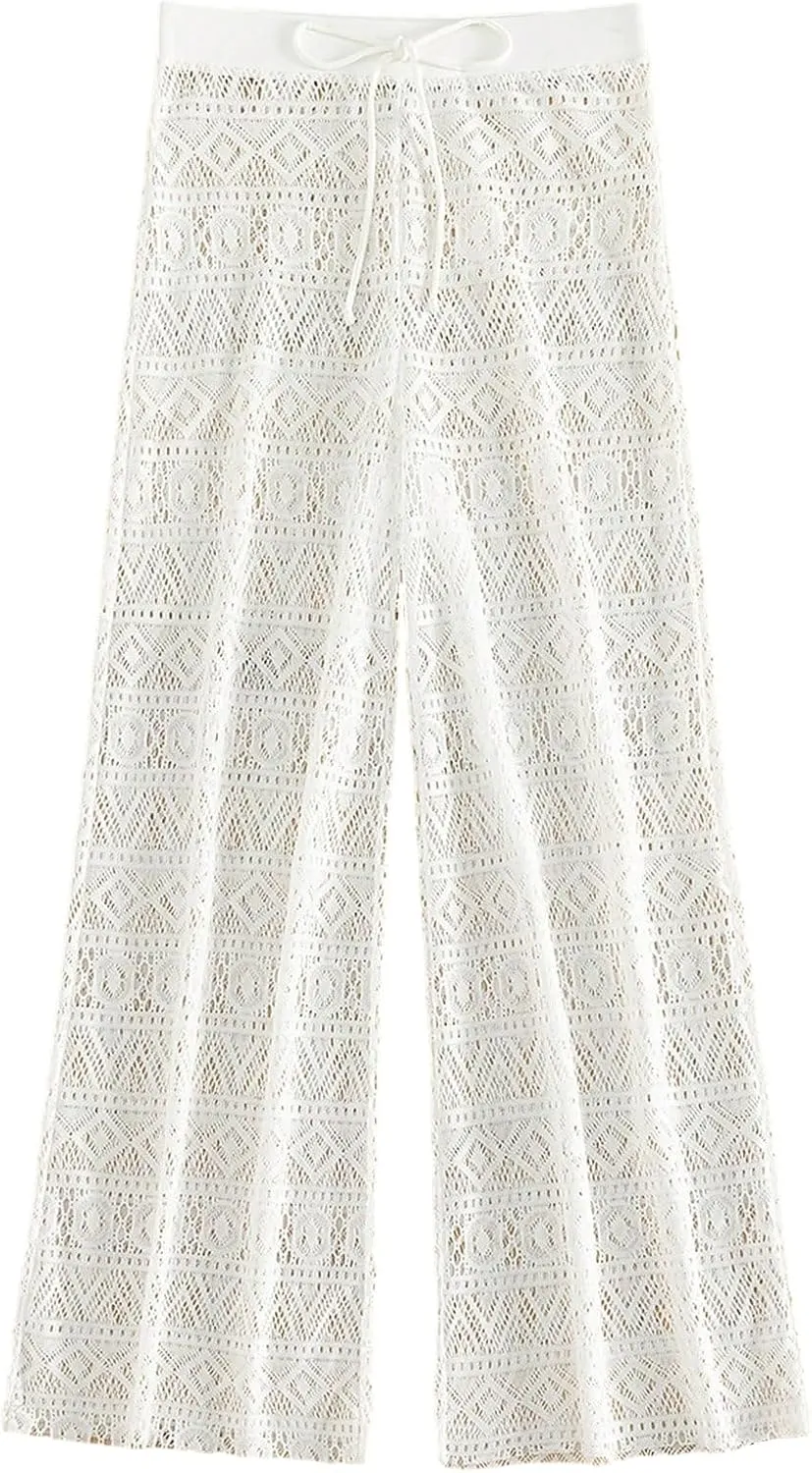 GORGLITTER Women's Crochet Hollow Out Beach Pants High Waist Swimsuit Cover Up Pants