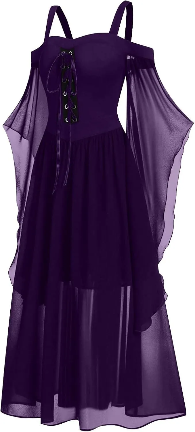 Gothic Plus Size Flared Sleeve Dress - Sexy Lace Up Medieval Cold Shoulder Dress for Women's Halloween