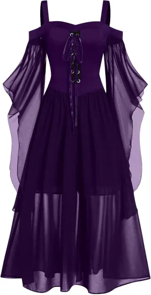 Gothic Plus Size Flared Sleeve Dress - Sexy Lace Up Medieval Cold Shoulder Dress for Women's Halloween