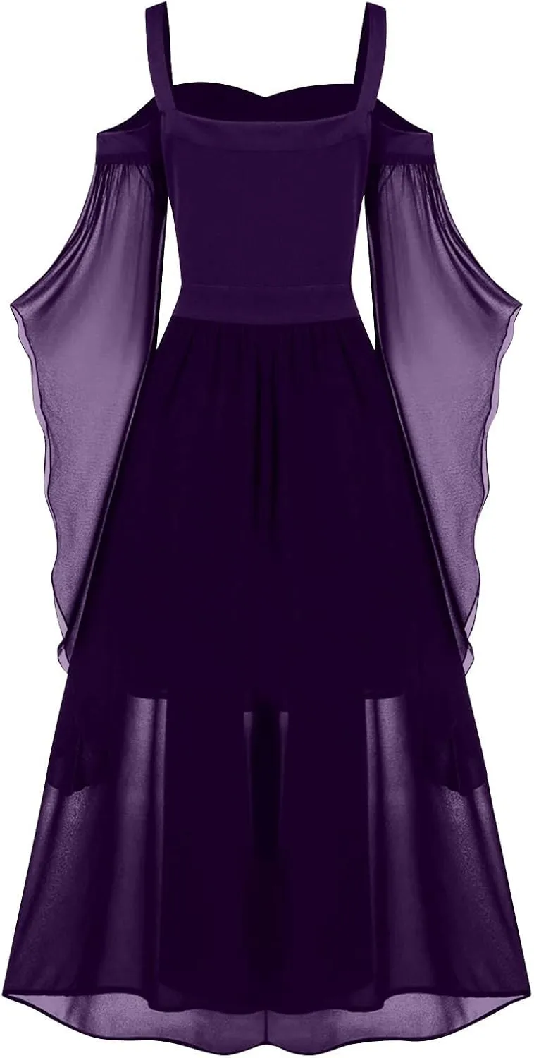 Gothic Plus Size Flared Sleeve Dress - Sexy Lace Up Medieval Cold Shoulder Dress for Women's Halloween