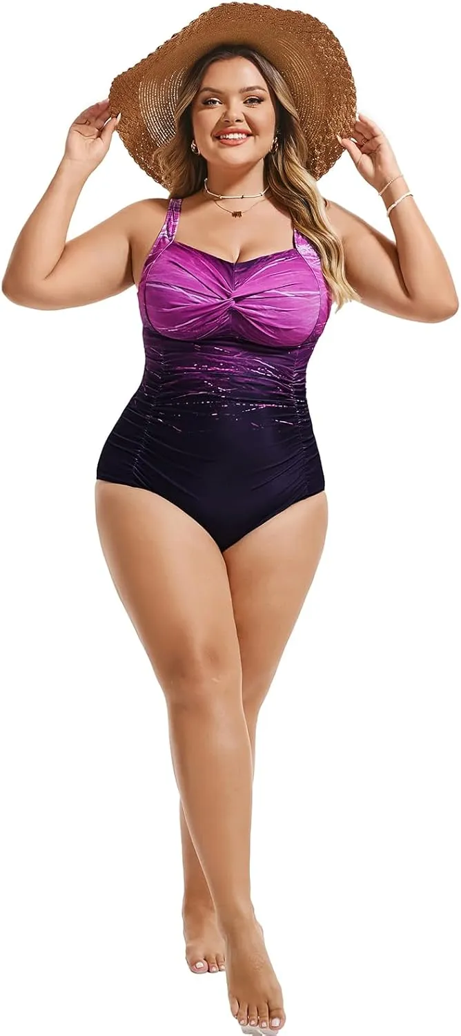 Hanna Nikole Women Plus Size One Piece Swimsuits Tummy Control Bathing Suit Twist Front Ruched Push Up Swimwear