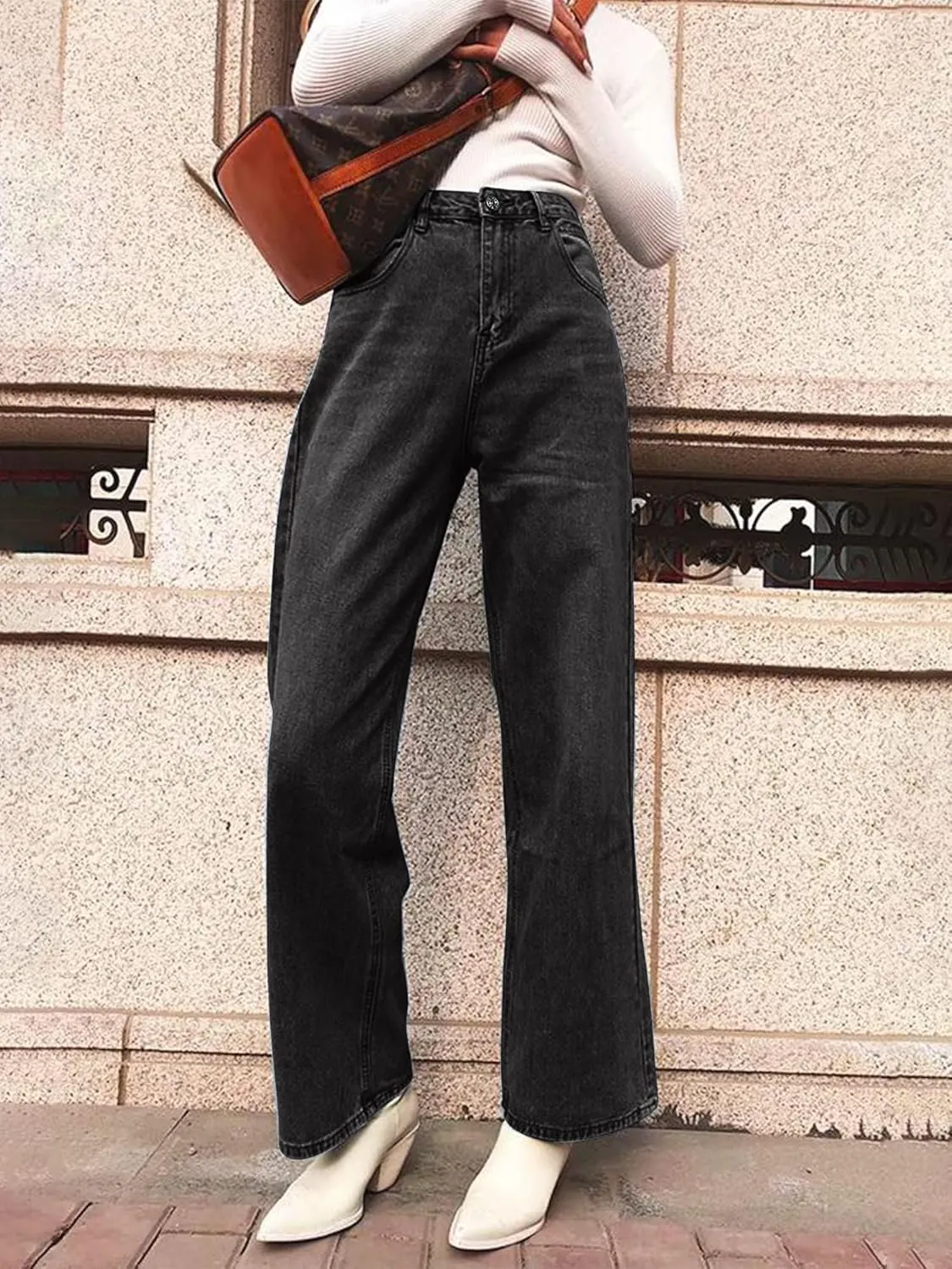 HDLTE Women Ripped Boyfriends Jeans Distressed High Waist Baggy Denim Pants Wide Leg Straight Trousers Y2k Streetwear Pants