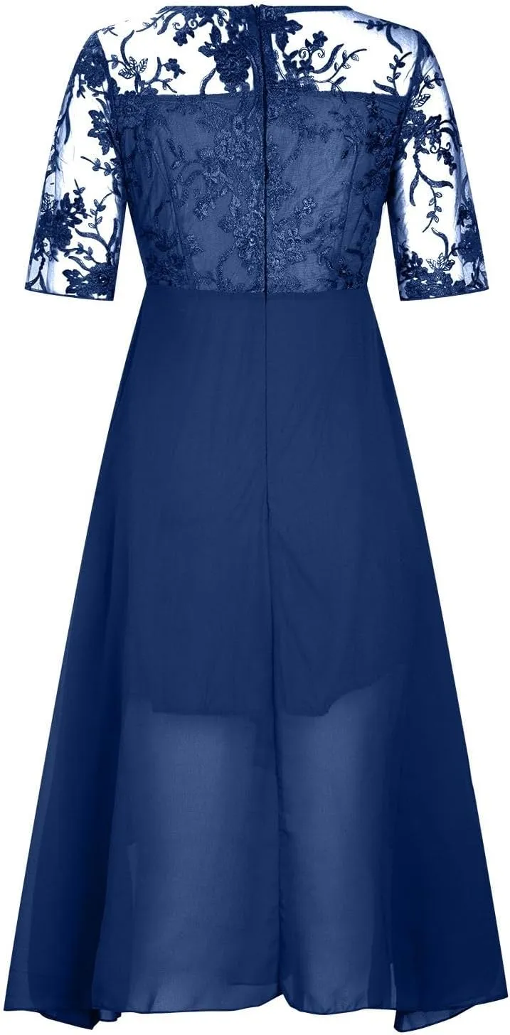 HGps8w Wedding Guests Dresses for Women Half Sleeve Elegant Lace Chiffon Flowy Dress Formal Evening Party Prom Gown