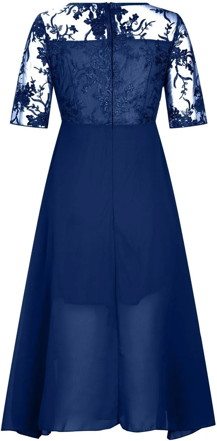 HGps8w Wedding Guests Dresses for Women Half Sleeve Elegant Lace Chiffon Flowy Dress Formal Evening Party Prom Gown