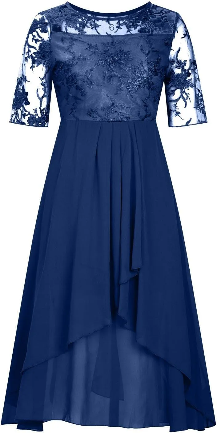HGps8w Wedding Guests Dresses for Women Half Sleeve Elegant Lace Chiffon Flowy Dress Formal Evening Party Prom Gown