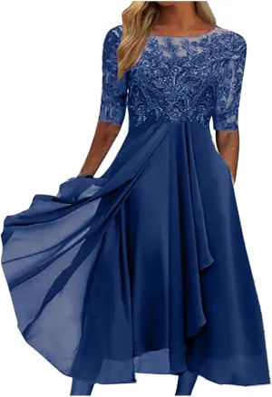 HGps8w Wedding Guests Dresses for Women Half Sleeve Elegant Lace Chiffon Flowy Dress Formal Evening Party Prom Gown