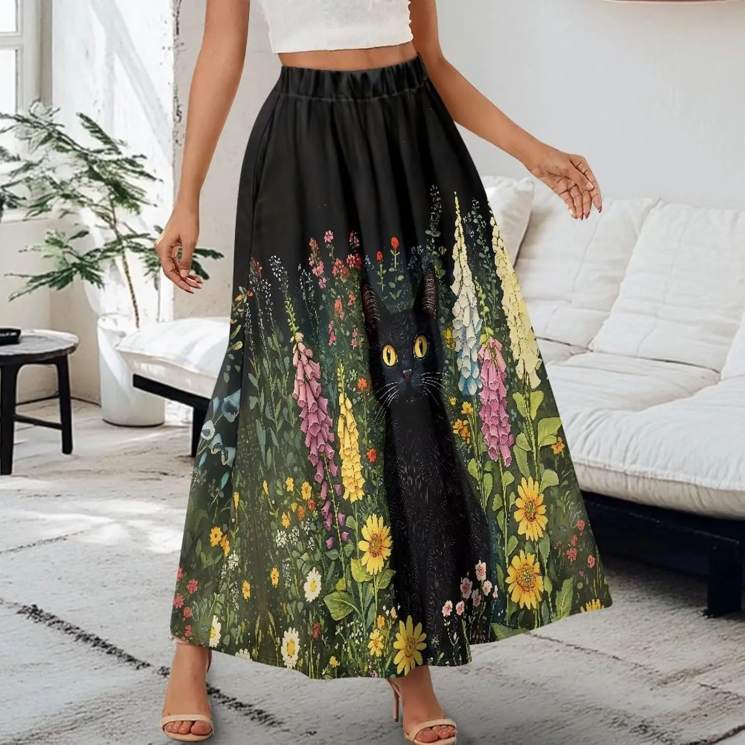 High Waist Skirt for Women Elastic Waist Long Skirt 2024 Elegant Slim Fit Swing Skirt with Pockets