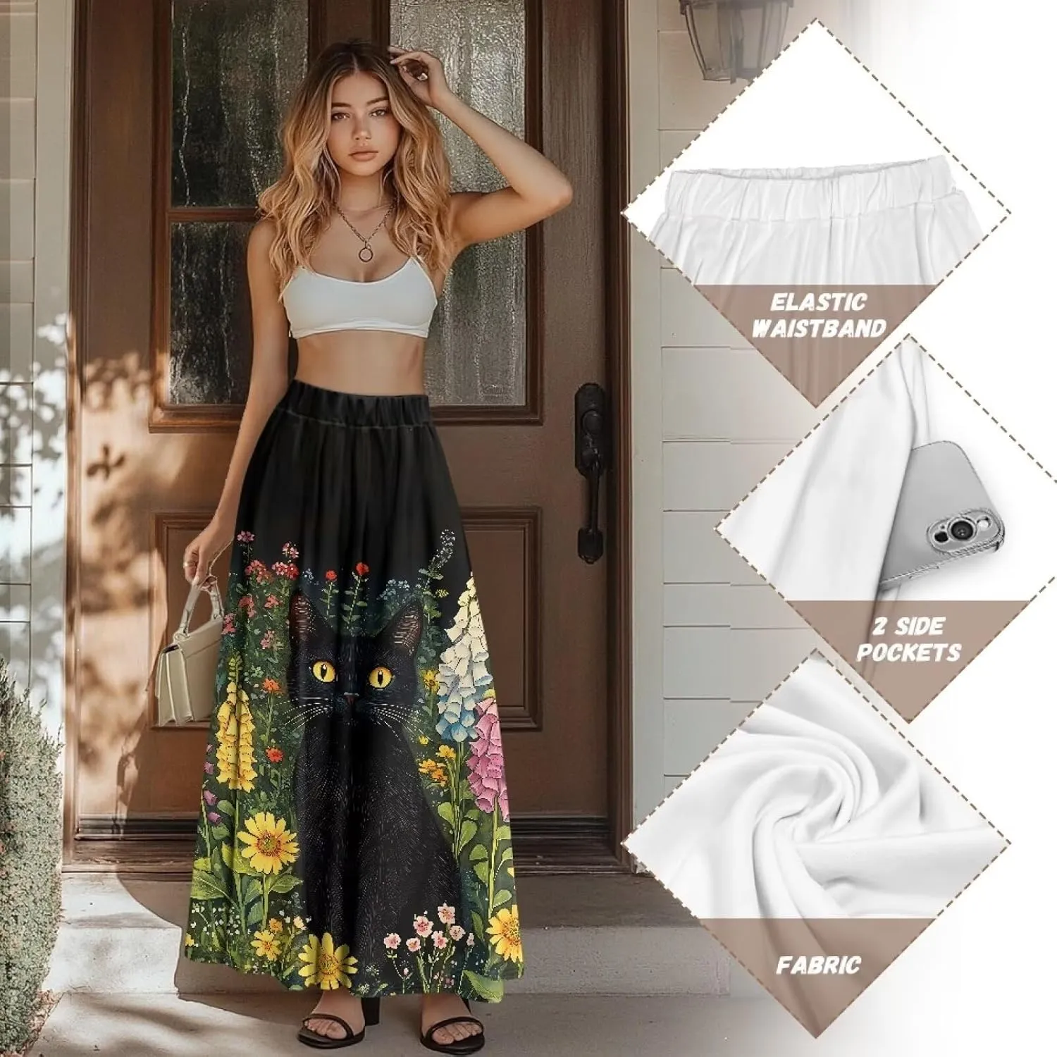High Waist Skirt for Women Elastic Waist Long Skirt 2024 Elegant Slim Fit Swing Skirt with Pockets