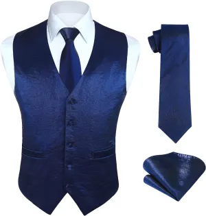 HISDERN 3PC Men's Paisley Floral Jacquard Suit Vest & Necktie and Pocket Square Formal Waistcoat for Tuxedo Wedding Party