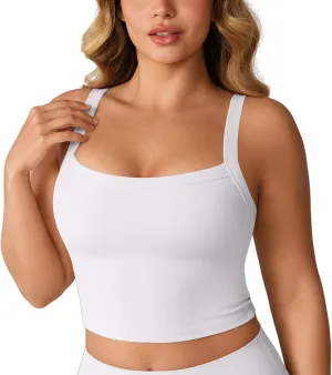 Hugcurve Adjustable Longline Sports Bra Square Neck Workout Tank Crop Tops for Women with Built in Bra Padded Camisole