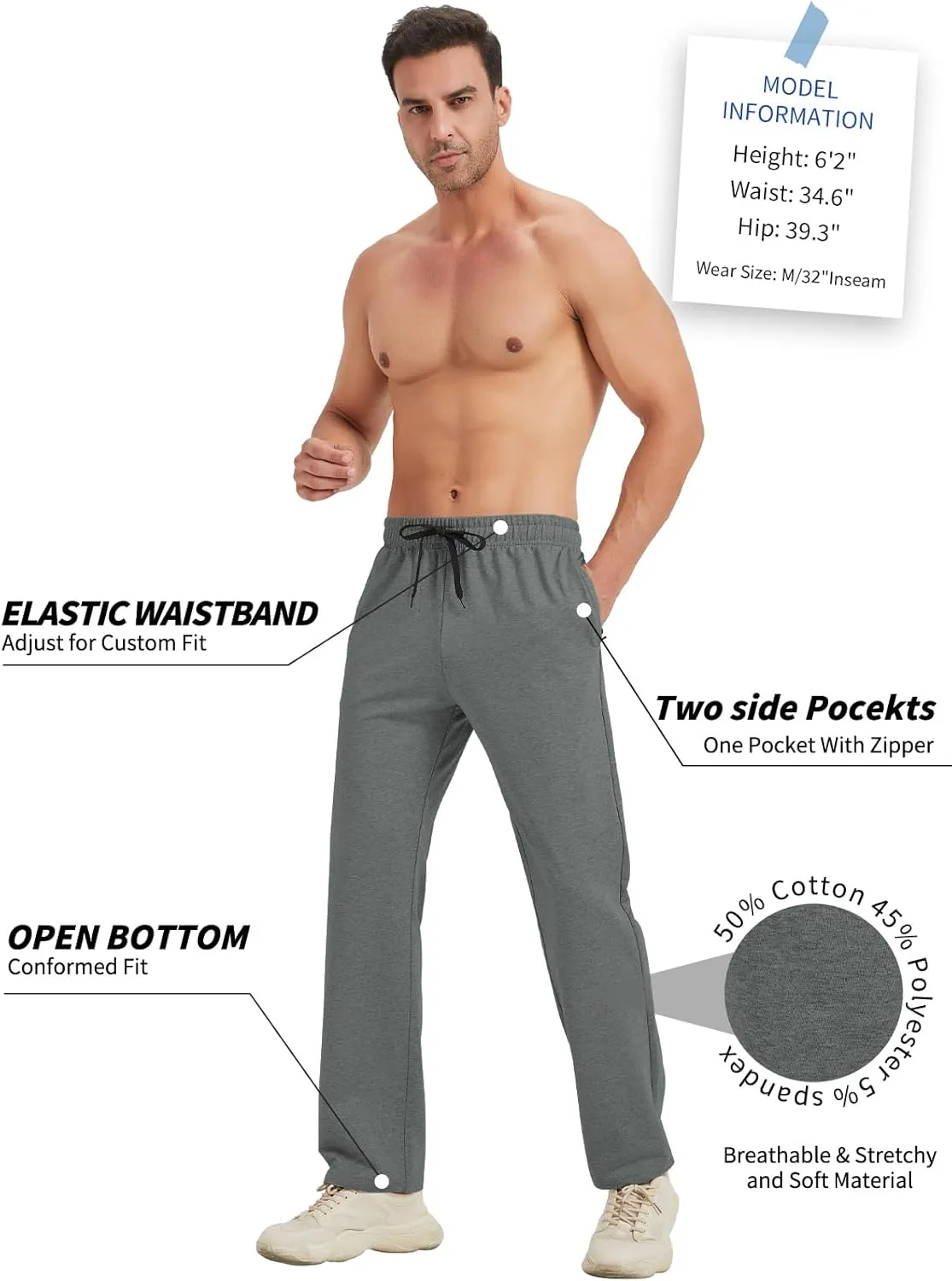 Idtswch 30/32/34/36/38/40 Long Inseam Mens Tall Sweatpants Open Bottom Joggers Athletic Yoga Pants with Pockets
