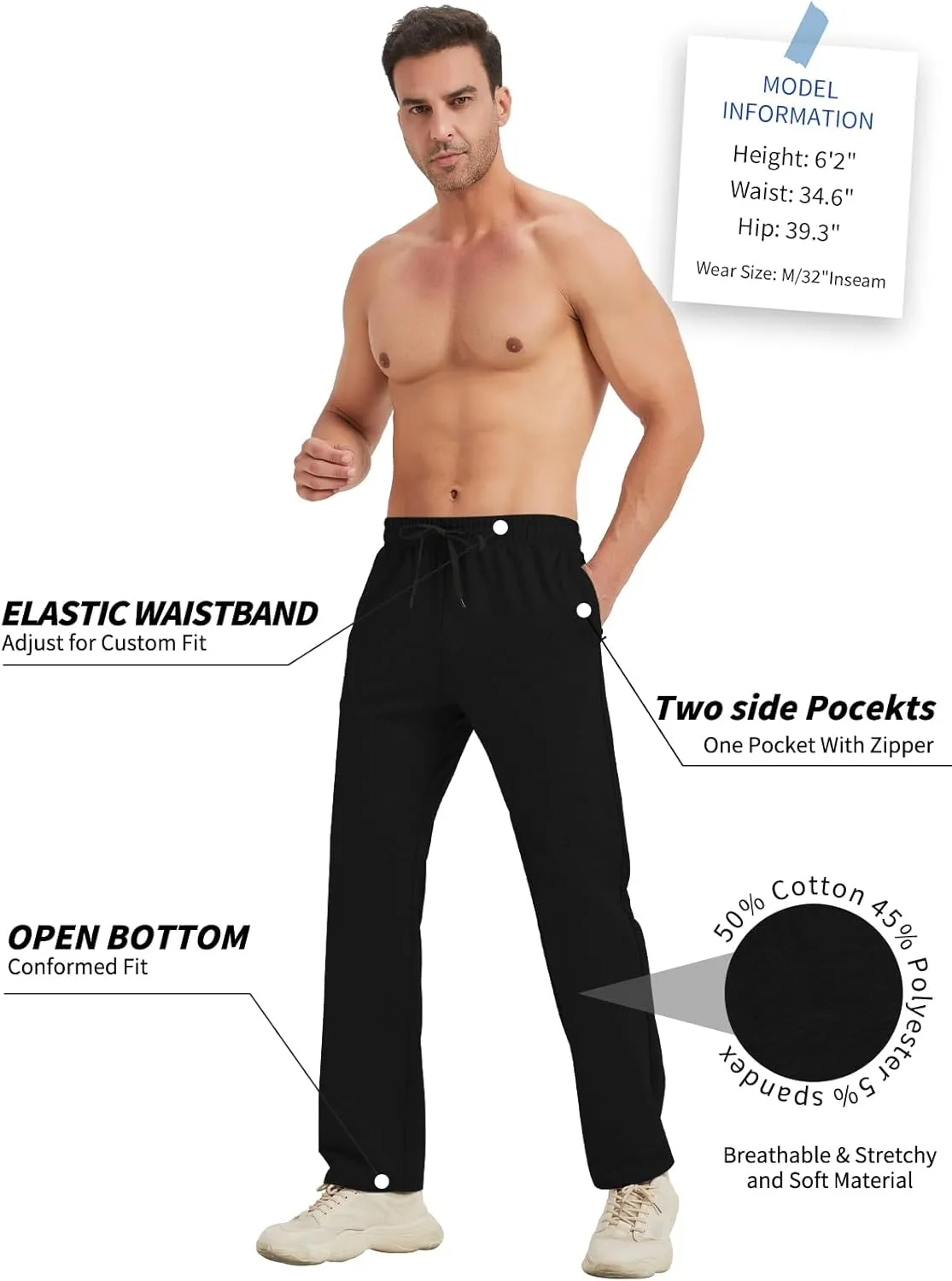 Idtswch 30/32/34/36/38/40 Long Inseam Mens Tall Sweatpants Open Bottom Joggers Athletic Yoga Pants with Pockets