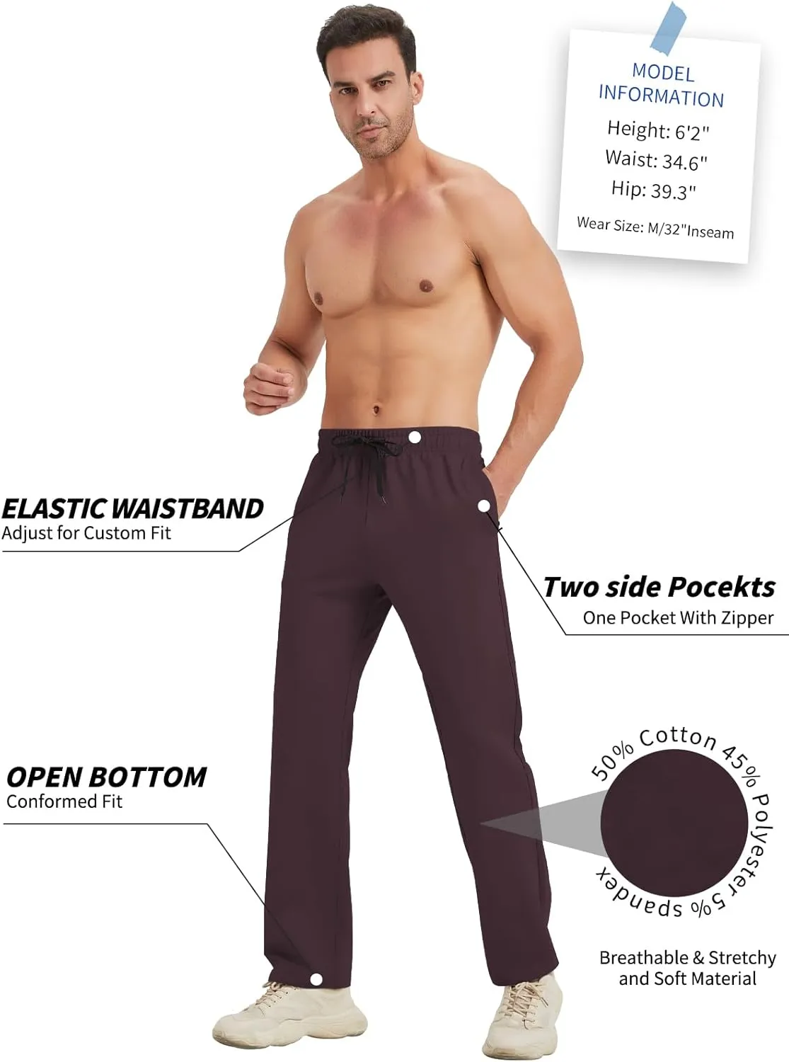 Idtswch 30/32/34/36/38/40 Long Inseam Mens Tall Sweatpants Open Bottom Joggers Athletic Yoga Pants with Pockets