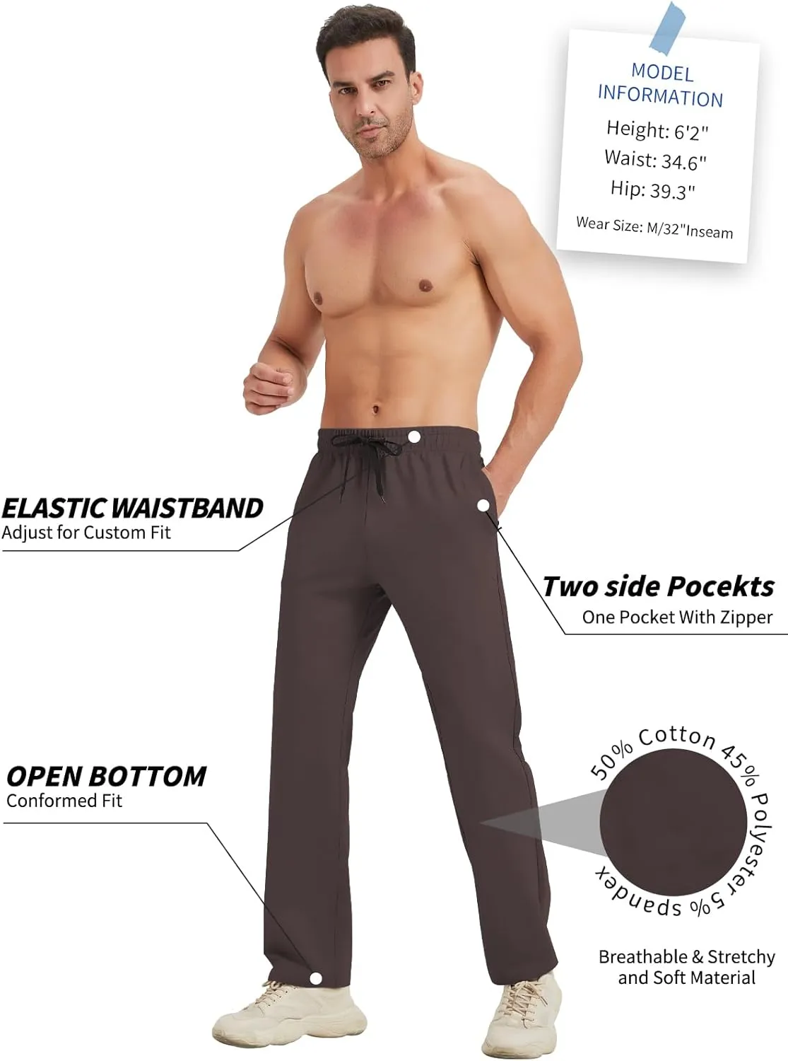 Idtswch 30/32/34/36/38/40 Long Inseam Mens Tall Sweatpants Open Bottom Joggers Athletic Yoga Pants with Pockets