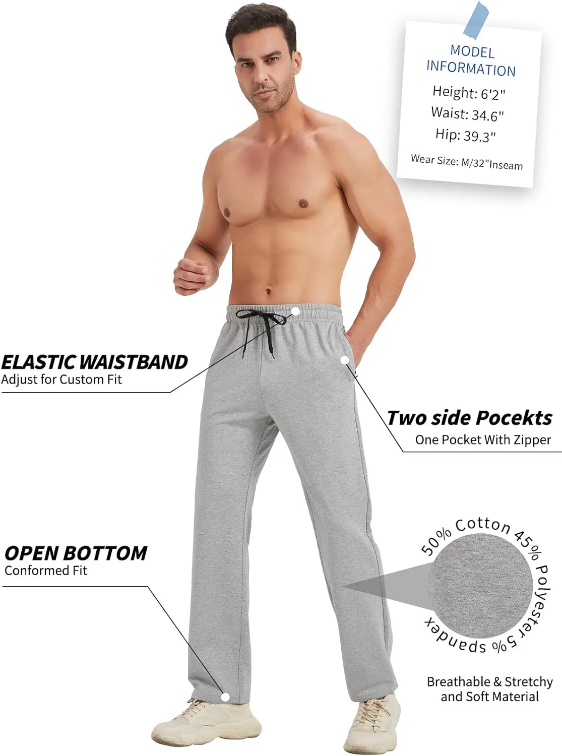 Idtswch 30/32/34/36/38/40 Long Inseam Mens Tall Sweatpants Open Bottom Joggers Athletic Yoga Pants with Pockets