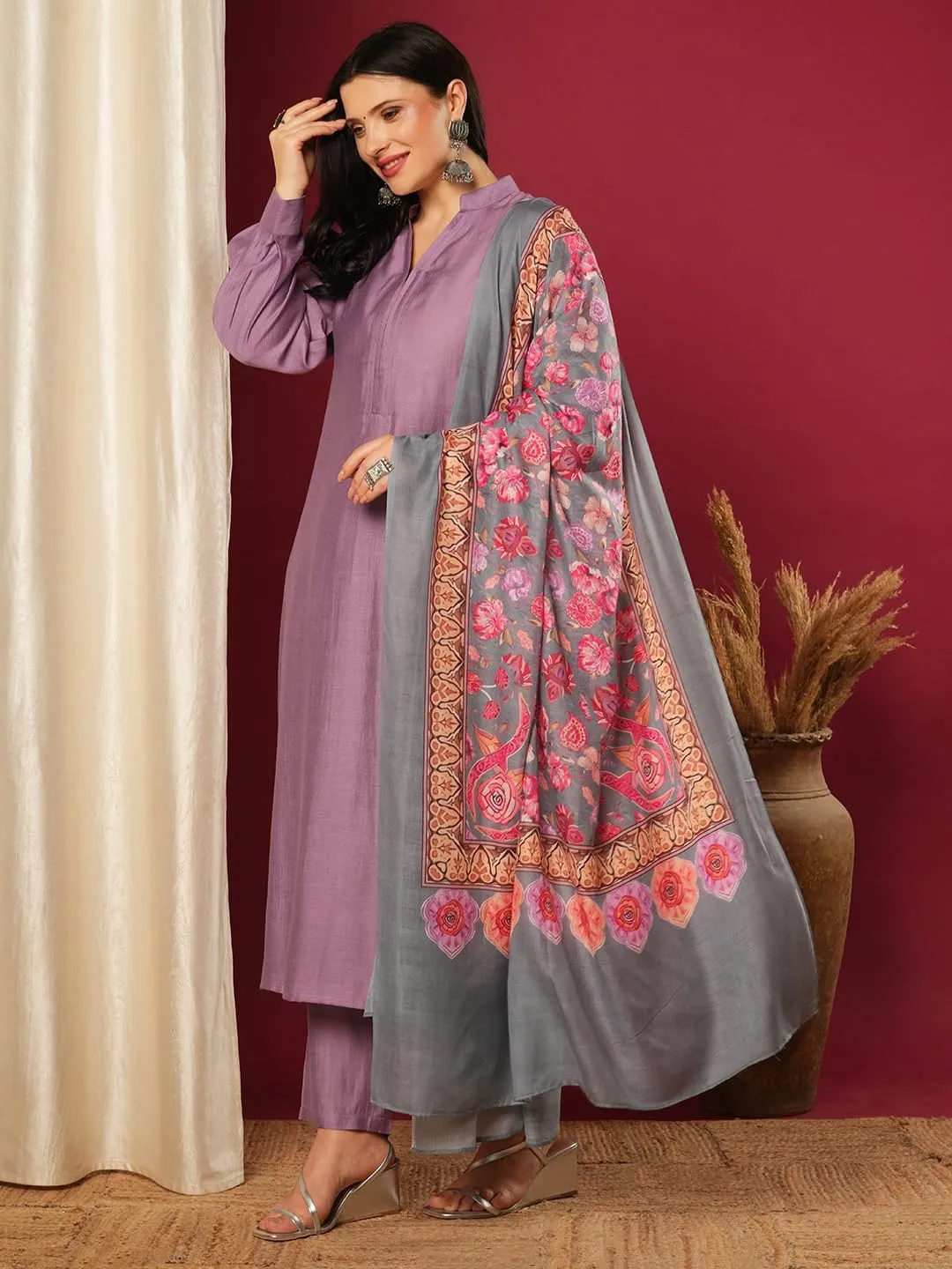 Indian Women's Rayon Viscose Straight Solid Kurta with Pant and Dupatta Set
