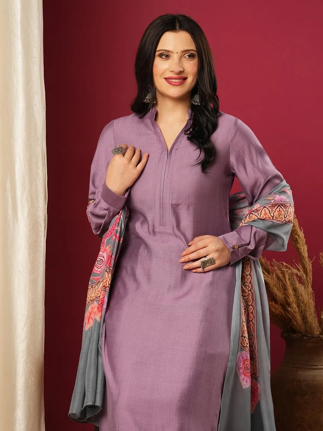 Indian Women's Rayon Viscose Straight Solid Kurta with Pant and Dupatta Set