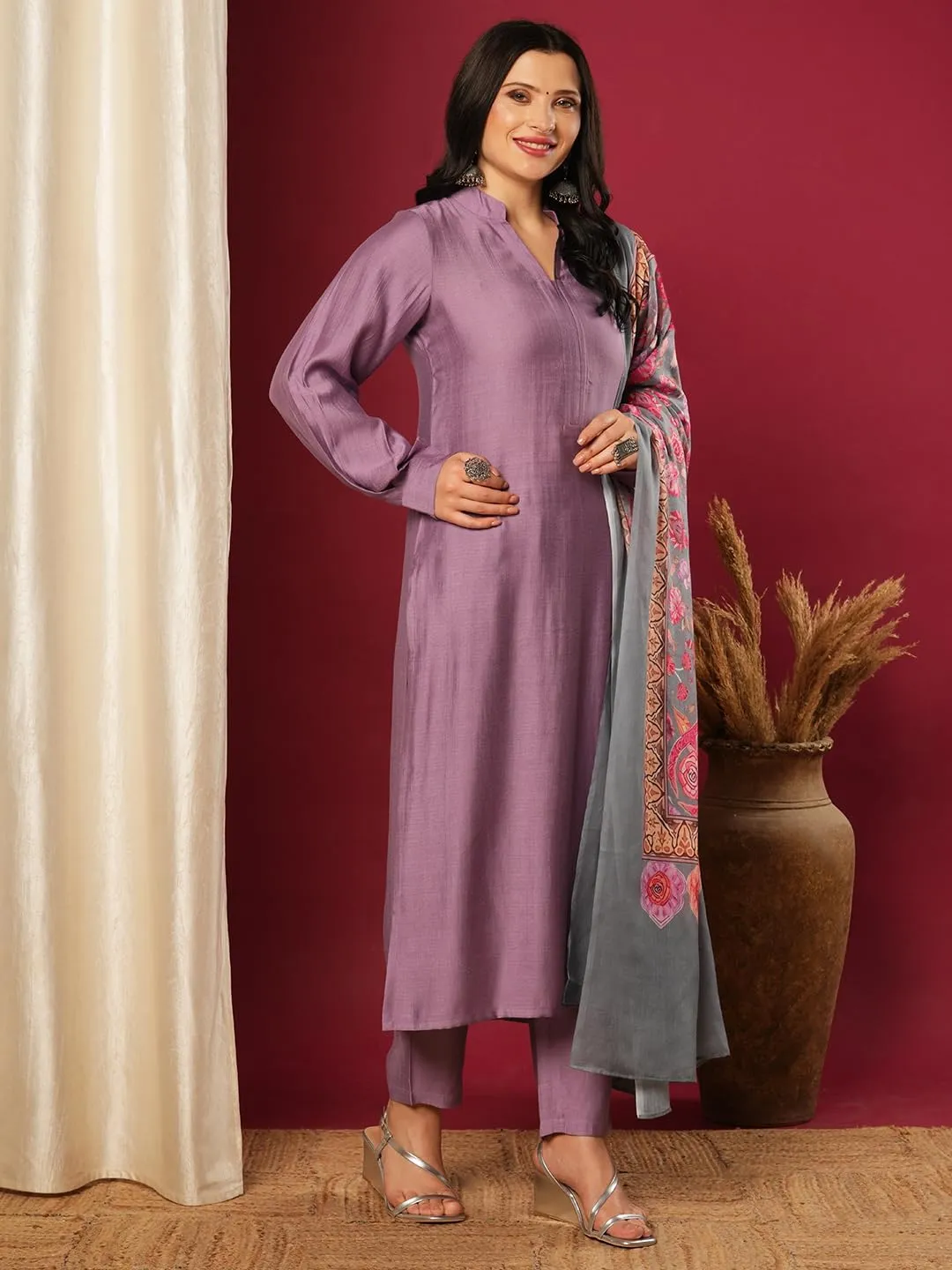 Indian Women's Rayon Viscose Straight Solid Kurta with Pant and Dupatta Set