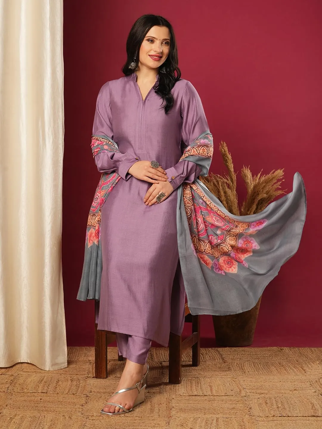 Indian Women's Rayon Viscose Straight Solid Kurta with Pant and Dupatta Set