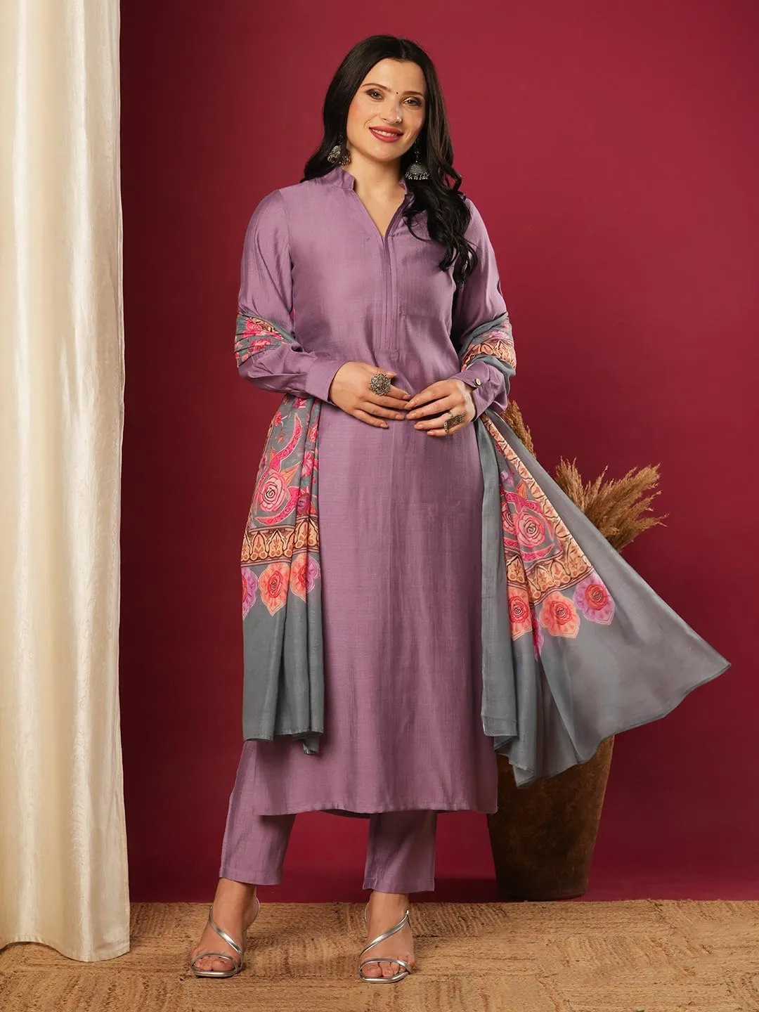 Indian Women's Rayon Viscose Straight Solid Kurta with Pant and Dupatta Set