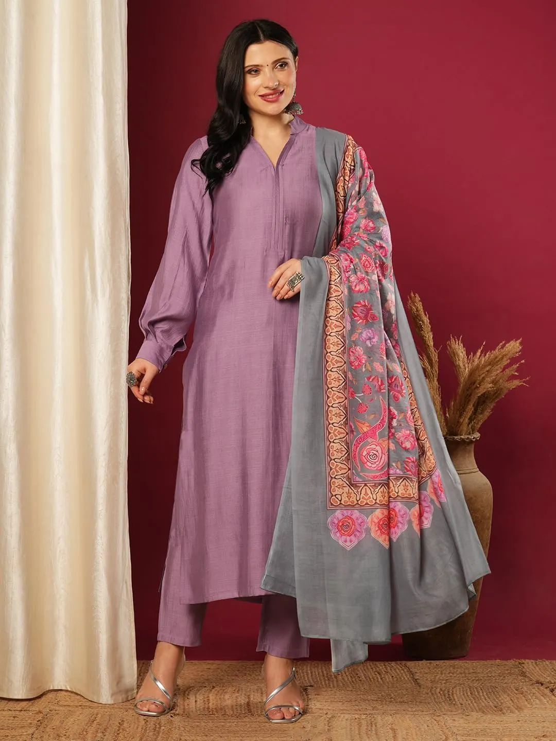Indian Women's Rayon Viscose Straight Solid Kurta with Pant and Dupatta Set