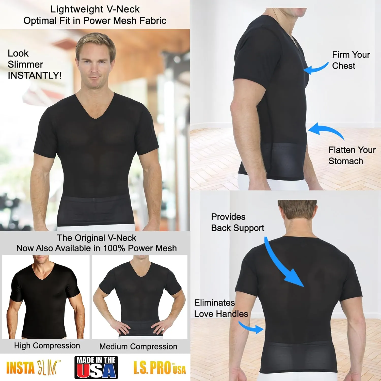 Insta Slim - Made in USA - Mens Slimming Compression Body Shaper V-Neck for Back Support, Gynecomastia & Hernias