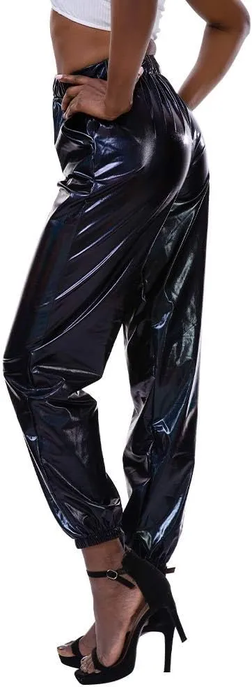 IWEMEK Women Metallic Punk Holographic Leggings Pants Hip Hop Disco Activewear Jogger High Waisted Sweatpants with Pockets