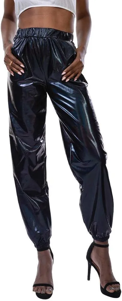 IWEMEK Women Metallic Punk Holographic Leggings Pants Hip Hop Disco Activewear Jogger High Waisted Sweatpants with Pockets