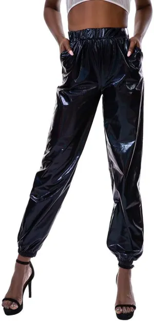 IWEMEK Women Metallic Punk Holographic Leggings Pants Hip Hop Disco Activewear Jogger High Waisted Sweatpants with Pockets