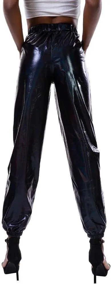 IWEMEK Women Metallic Punk Holographic Leggings Pants Hip Hop Disco Activewear Jogger High Waisted Sweatpants with Pockets