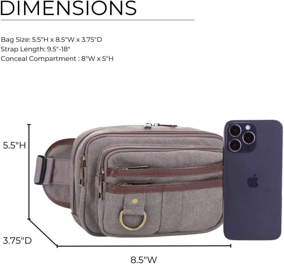 JESSIE & JAMES Klamath Canvas Concealed Carry Belt Bag, Adjustable Crossbody Fanny Packs for Men Women GREY