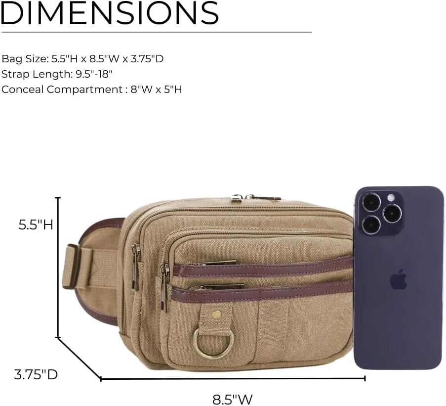 JESSIE & JAMES Klamath Canvas Concealed Carry Belt Bag, Adjustable Crossbody Fanny Packs for Men Women KHAKI