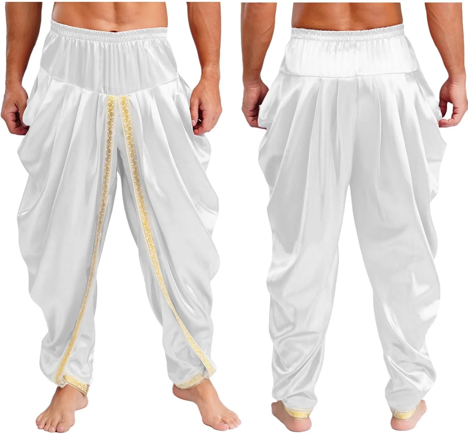 JEYPINMI Men India Satin Dhoti Pants Ruffle Elastic Waistband Draped Baggy Pant for Hippie Yoga