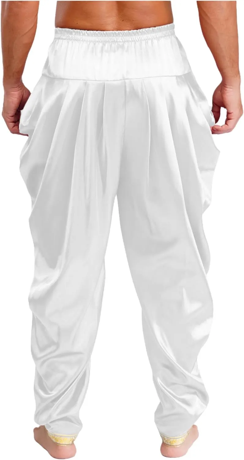 JEYPINMI Men India Satin Dhoti Pants Ruffle Elastic Waistband Draped Baggy Pant for Hippie Yoga