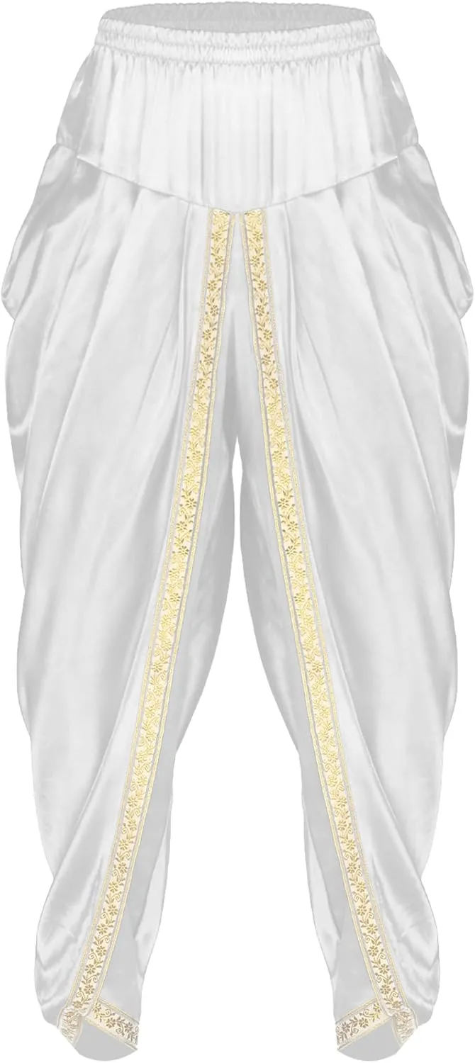 JEYPINMI Men India Satin Dhoti Pants Ruffle Elastic Waistband Draped Baggy Pant for Hippie Yoga
