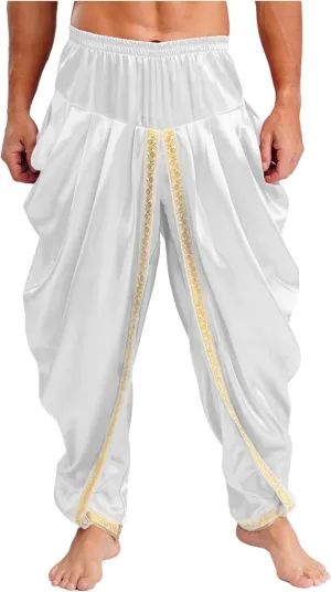 JEYPINMI Men India Satin Dhoti Pants Ruffle Elastic Waistband Draped Baggy Pant for Hippie Yoga
