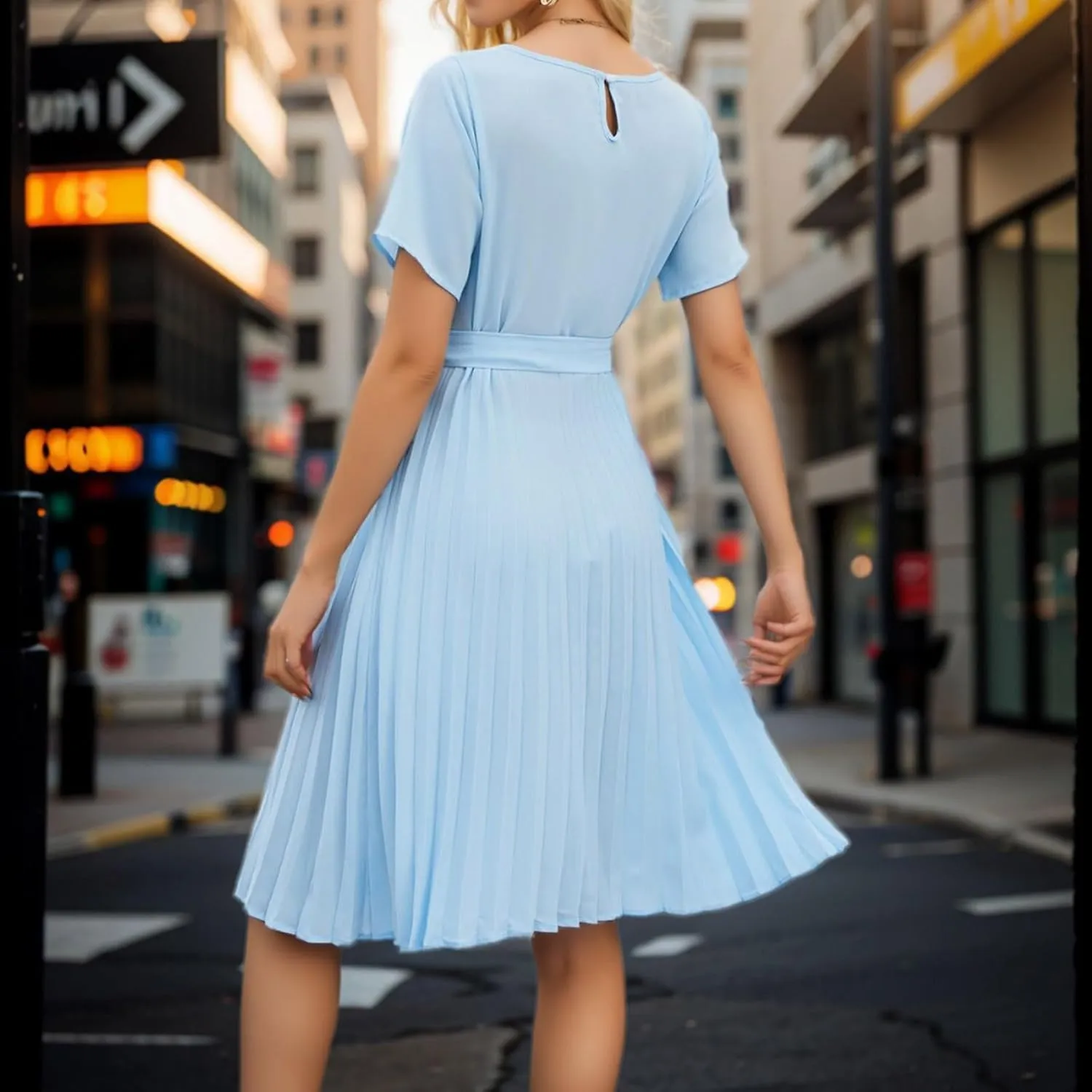 JOAU 2025 Women's Short Sleeve Summer Dress Casual Pleated Loose Crew Neck Keyhole Back A-Line Swing Midi Dresses with Belt