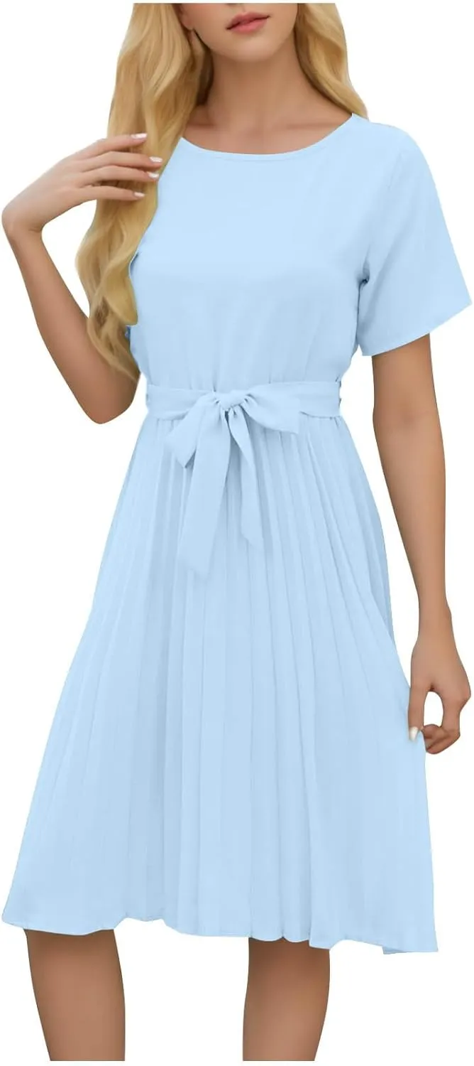JOAU 2025 Women's Short Sleeve Summer Dress Casual Pleated Loose Crew Neck Keyhole Back A-Line Swing Midi Dresses with Belt