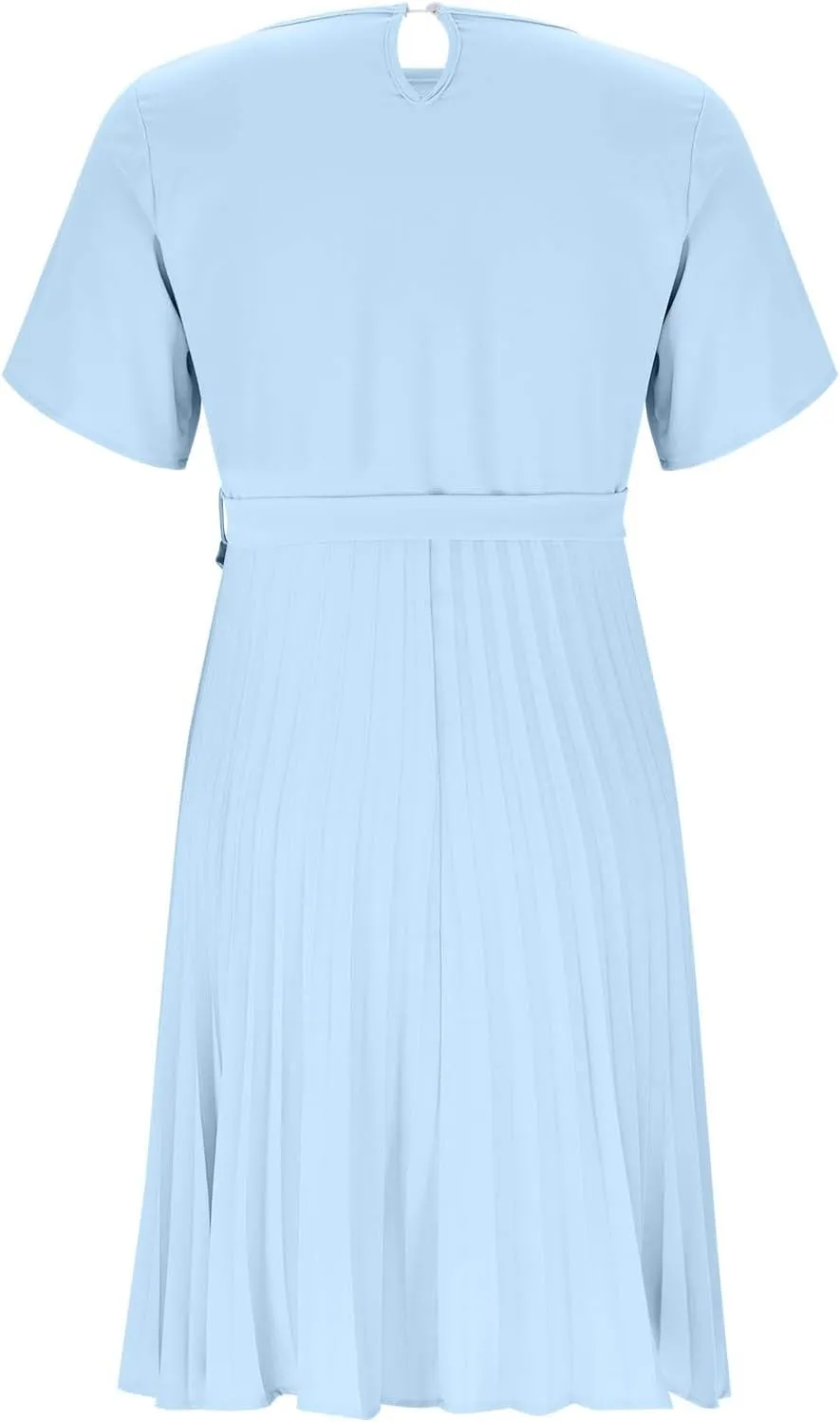 JOAU 2025 Women's Short Sleeve Summer Dress Casual Pleated Loose Crew Neck Keyhole Back A-Line Swing Midi Dresses with Belt