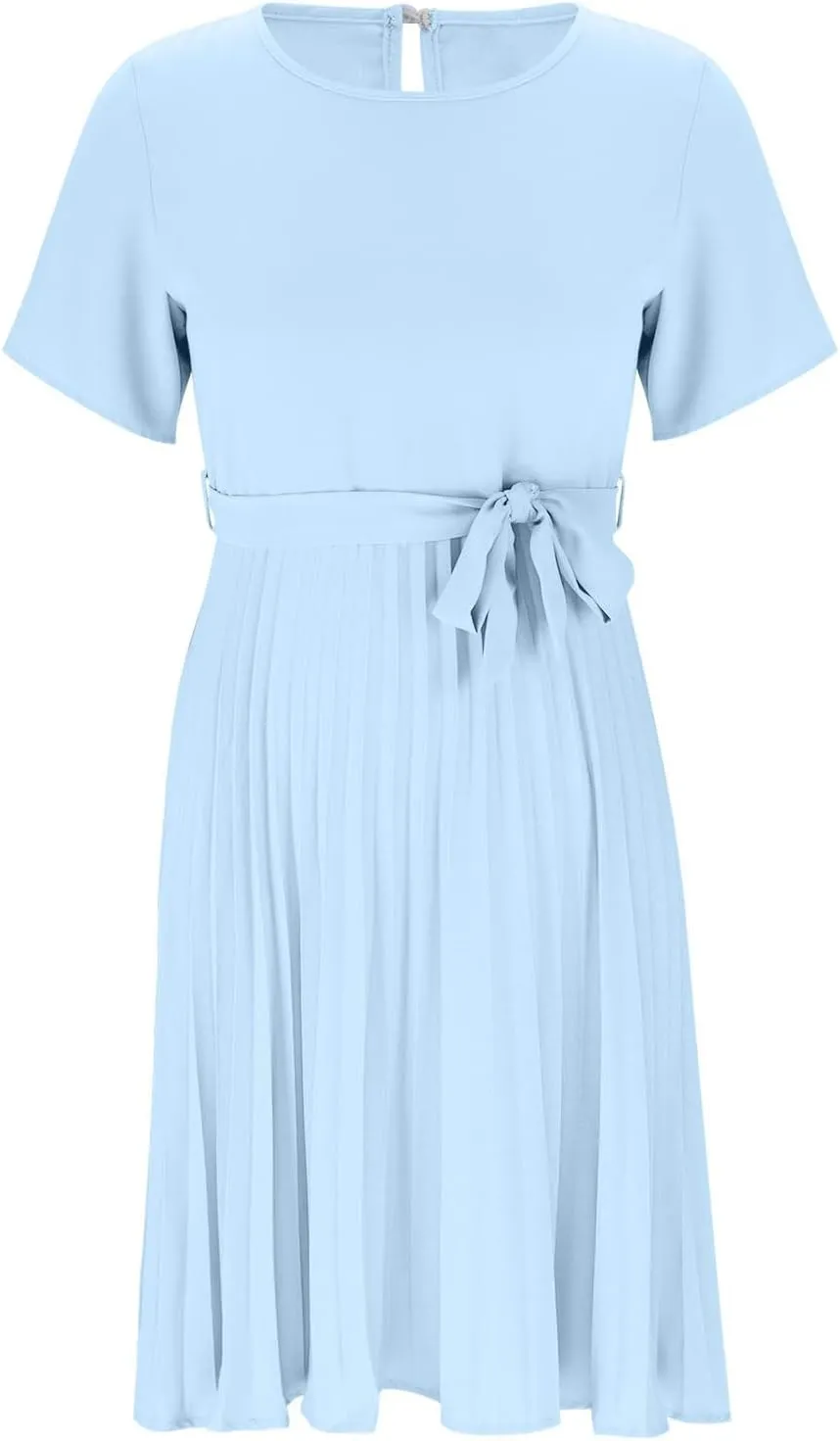JOAU 2025 Women's Short Sleeve Summer Dress Casual Pleated Loose Crew Neck Keyhole Back A-Line Swing Midi Dresses with Belt