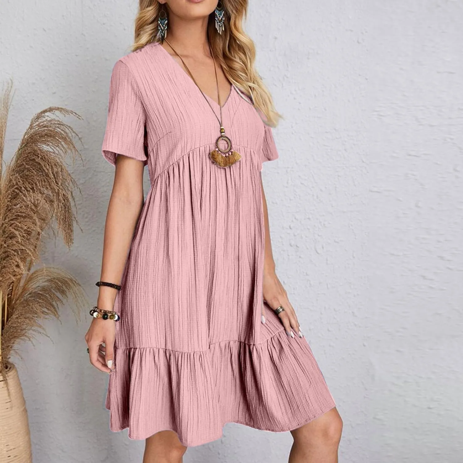 JOAU Women Summer Boho Short Sleeve Beach Textured Mini Dress Casual V-Neck Ruffle Hem Pleated T-Shirt Dress Travel Vacation