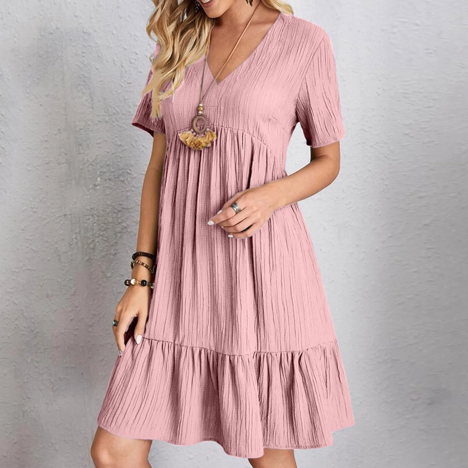 JOAU Women Summer Boho Short Sleeve Beach Textured Mini Dress Casual V-Neck Ruffle Hem Pleated T-Shirt Dress Travel Vacation