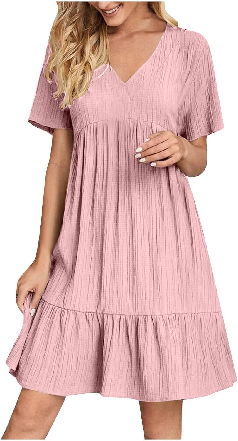 JOAU Women Summer Boho Short Sleeve Beach Textured Mini Dress Casual V-Neck Ruffle Hem Pleated T-Shirt Dress Travel Vacation