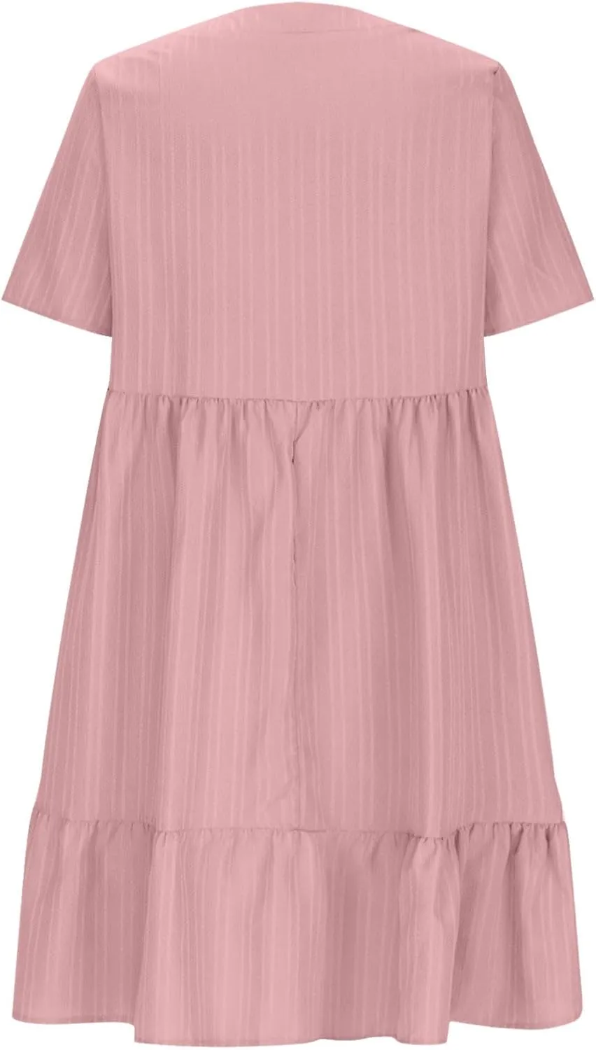 JOAU Women Summer Boho Short Sleeve Beach Textured Mini Dress Casual V-Neck Ruffle Hem Pleated T-Shirt Dress Travel Vacation