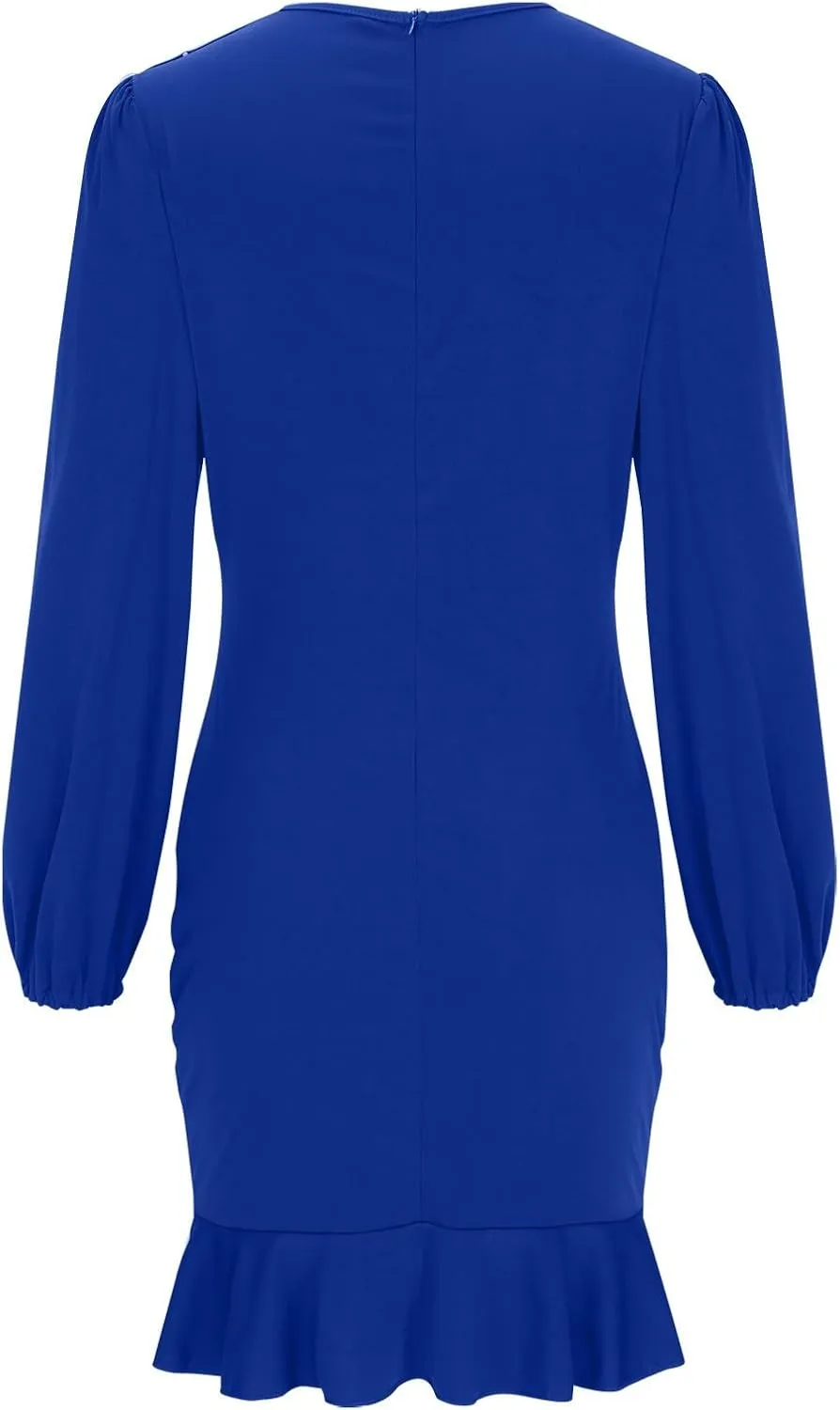 JOAU Women's Elegant Formal Cocktail Party Mini Dress Puff Long Sleeve Crew Neck Slim Fit Irregular Ruffle Hem Slit Dresses